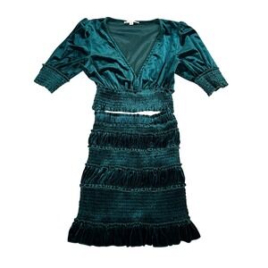 MABLE Emerald Green Velvet 2 Piece Set Smocked Crop Top Tiered Skirt Small